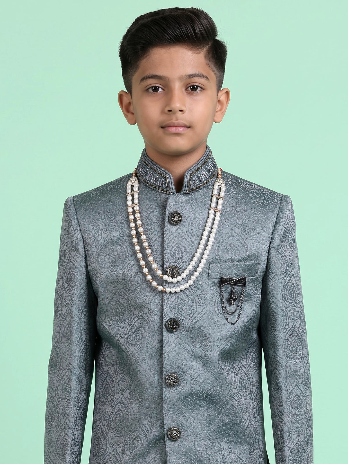 Teal blue boys poly cotton indowestern set with brootch detailing