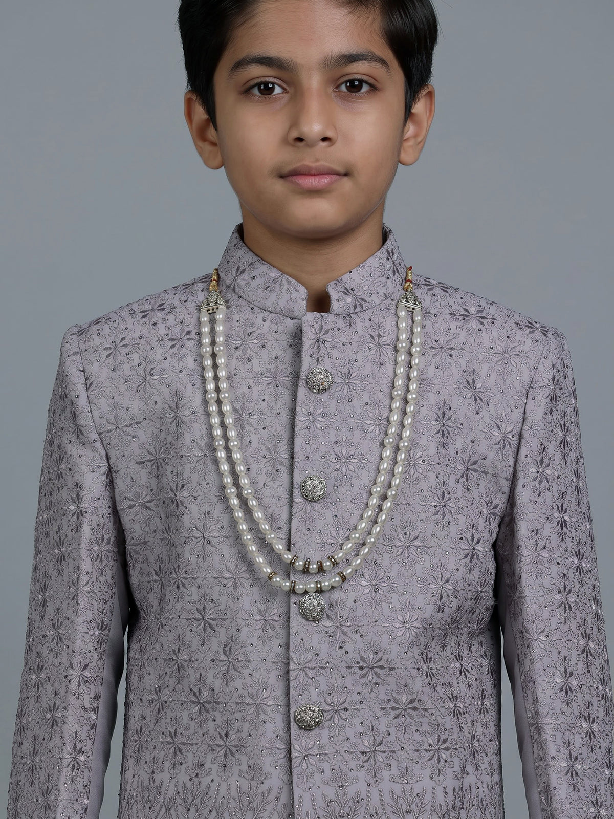 Lilac purple boys poly cotton indowestern set with stone embroidery