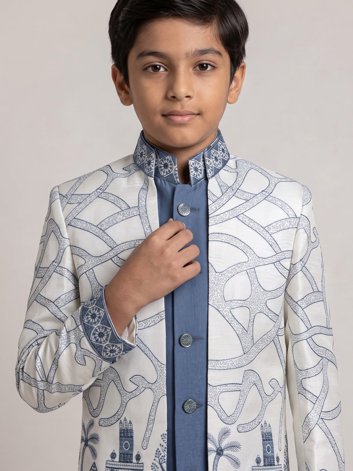White and stone blue boys silk blend indowestern set with embroidery