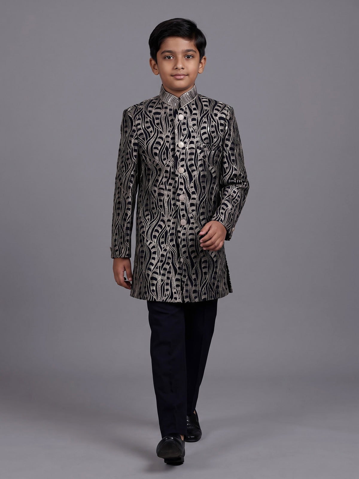 Black boys poly cotton indowestern set with golden threadwork