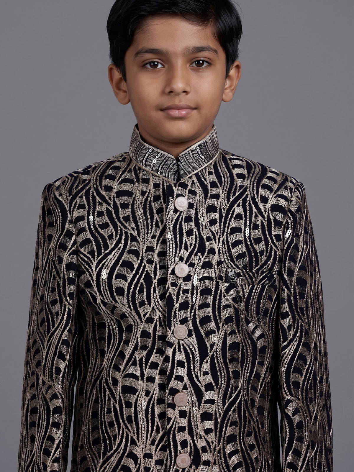 Black boys poly cotton indowestern set with golden threadwork