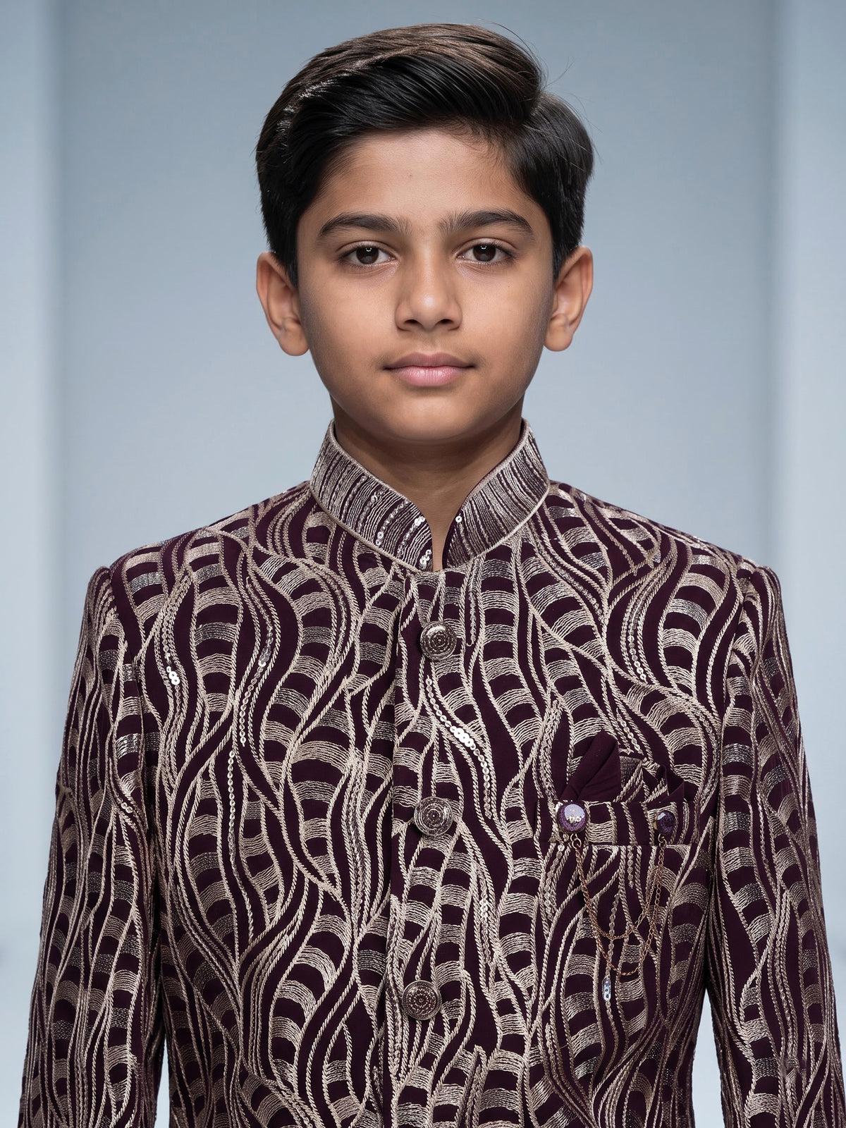 Wine boys poly cotton indowestern set with golden sequins