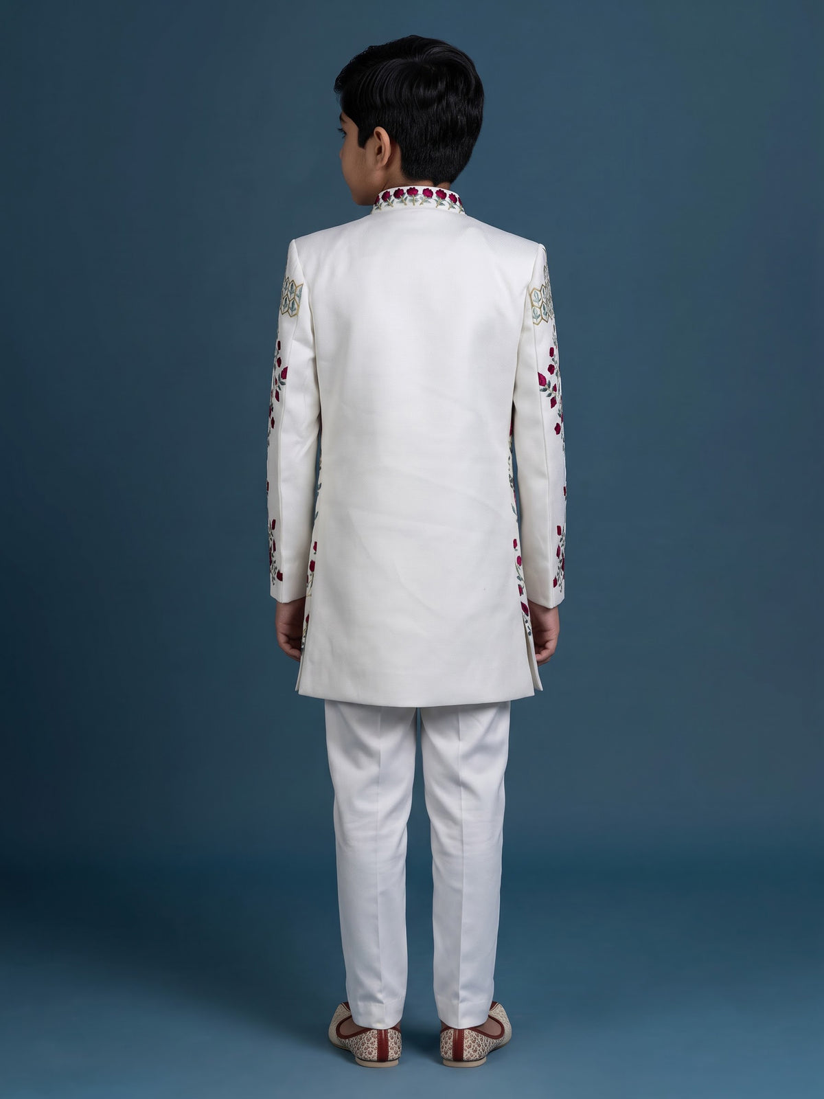 White boys terry rayon indowestern set with long jacket style