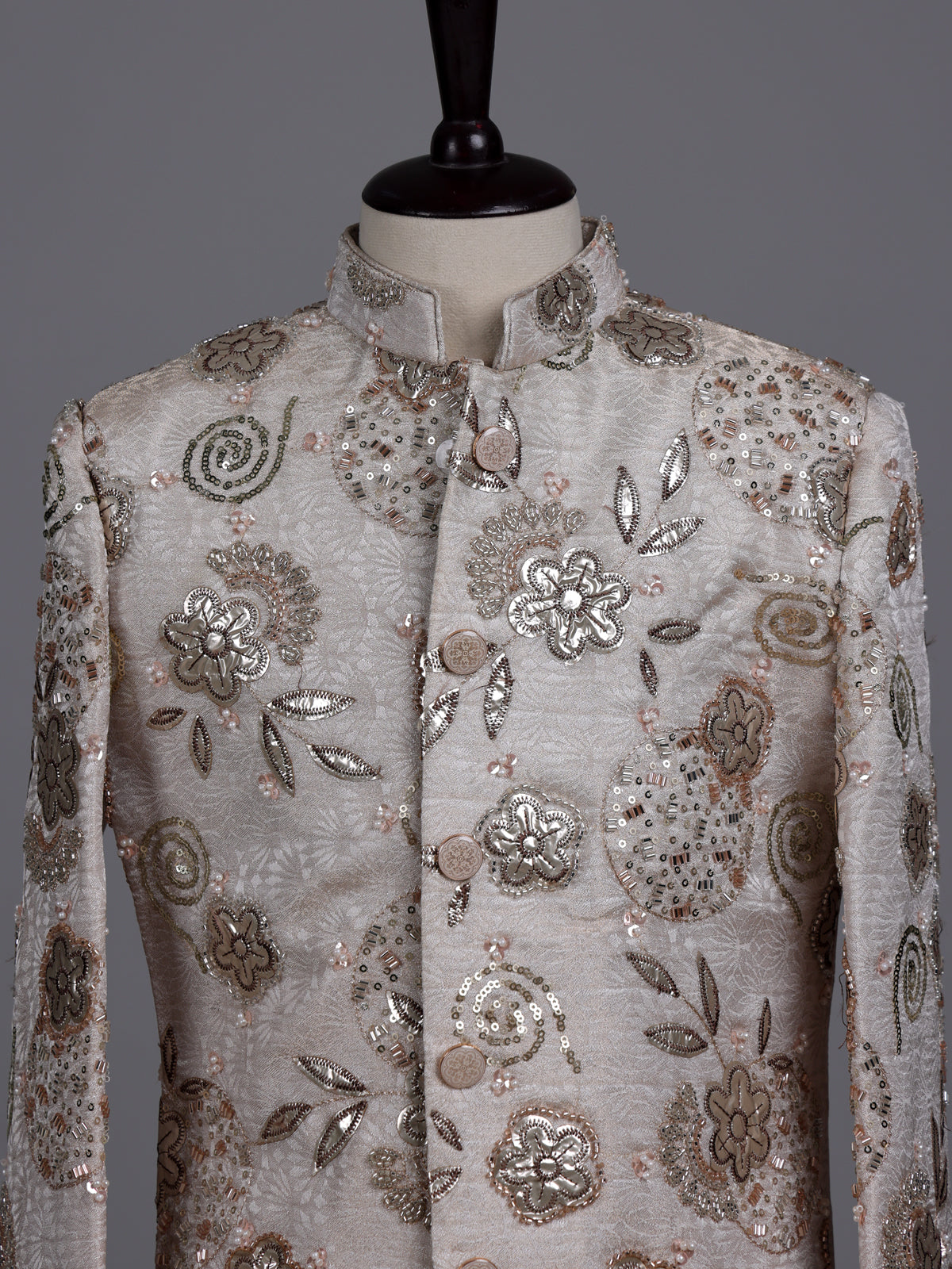Beige boys silk indowestern set with floral gota embellishments