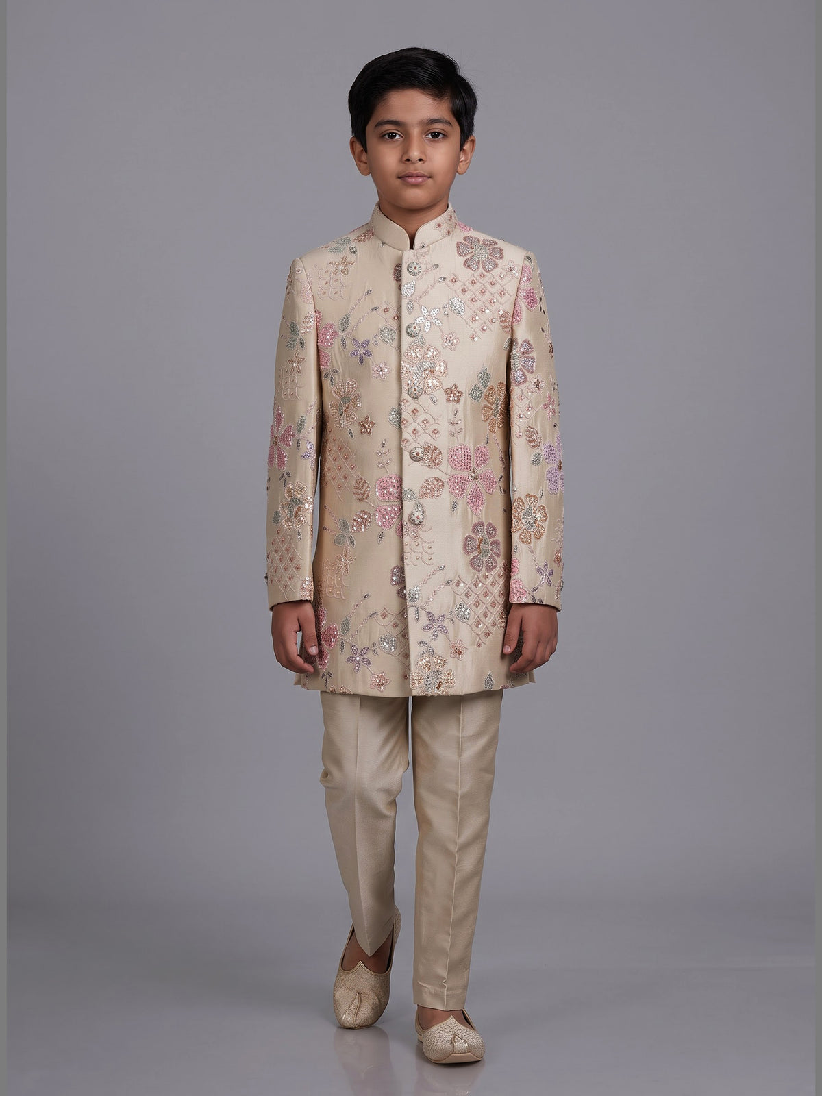 Beige boys silk indowestern set with floral sequins and cutdana
