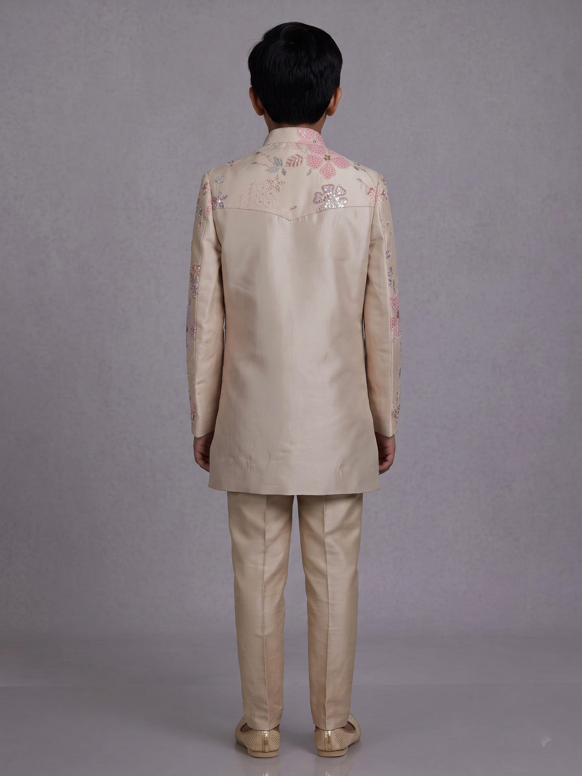 Beige boys silk indowestern set with floral sequins and cutdana