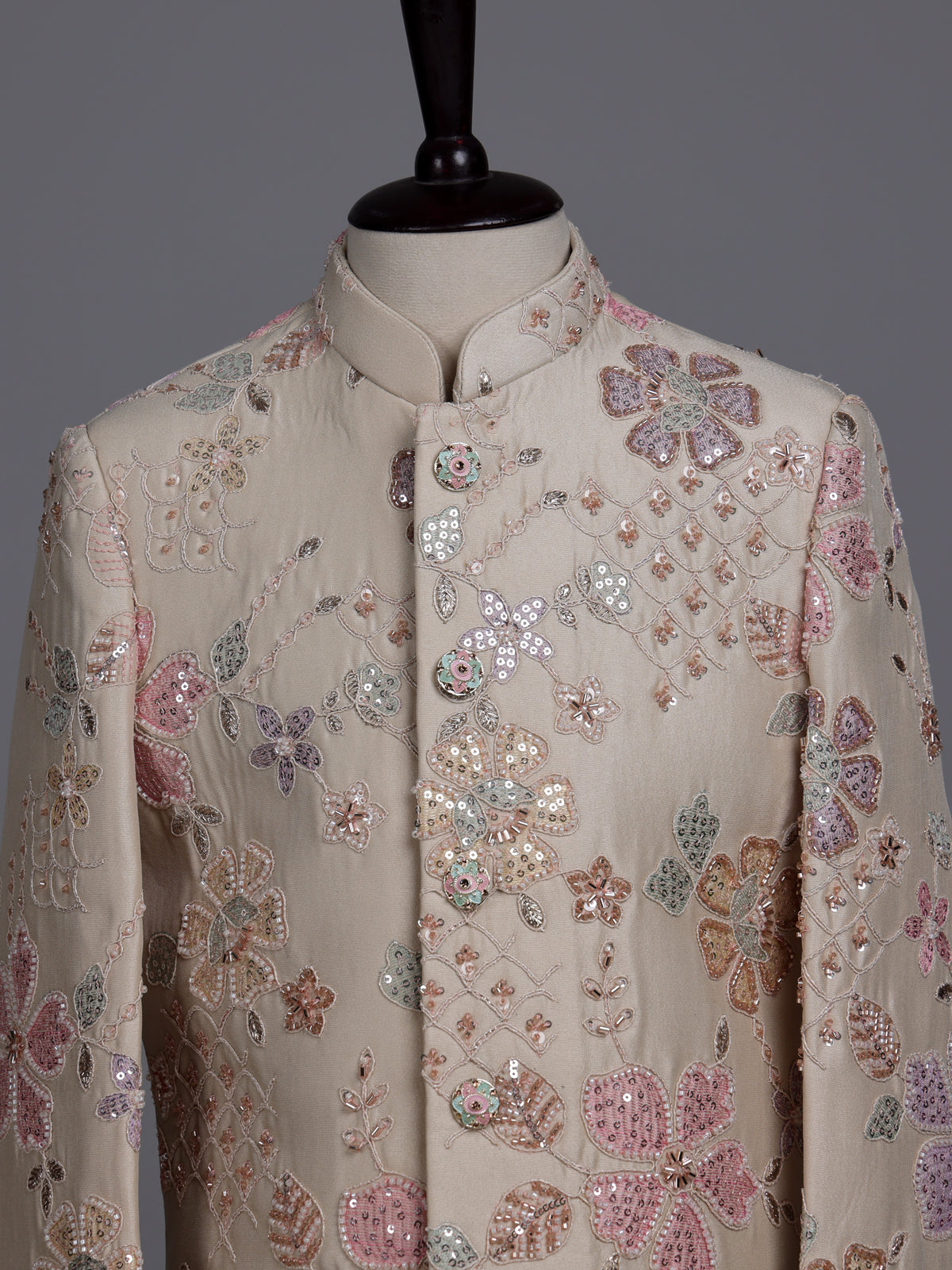 Beige boys silk indowestern set with floral sequins and cutdana