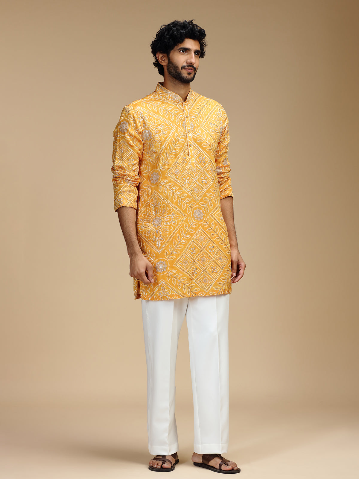 Mustard yellow art silk mens kurta suit for haldi