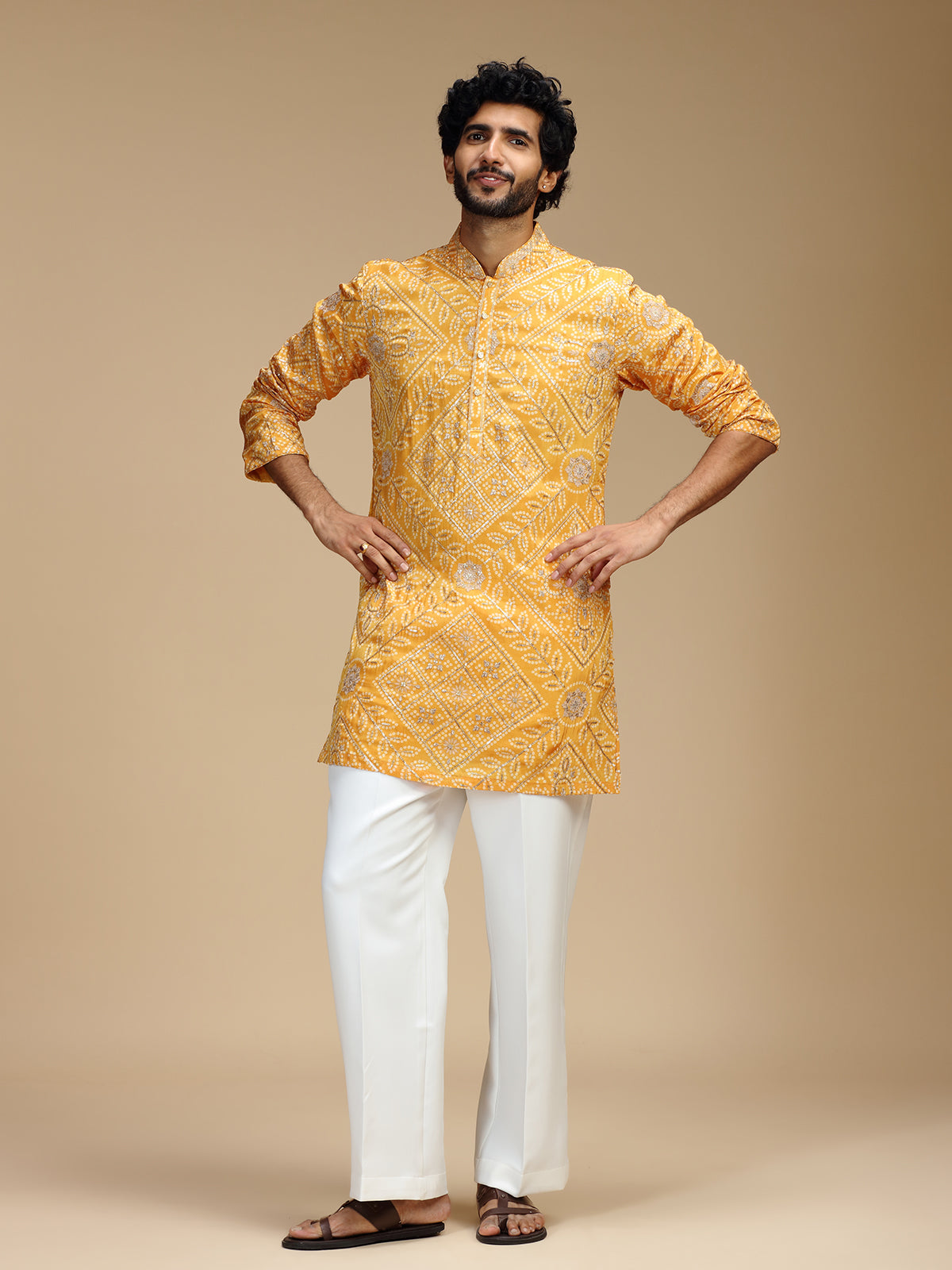Mustard yellow art silk mens kurta suit for haldi