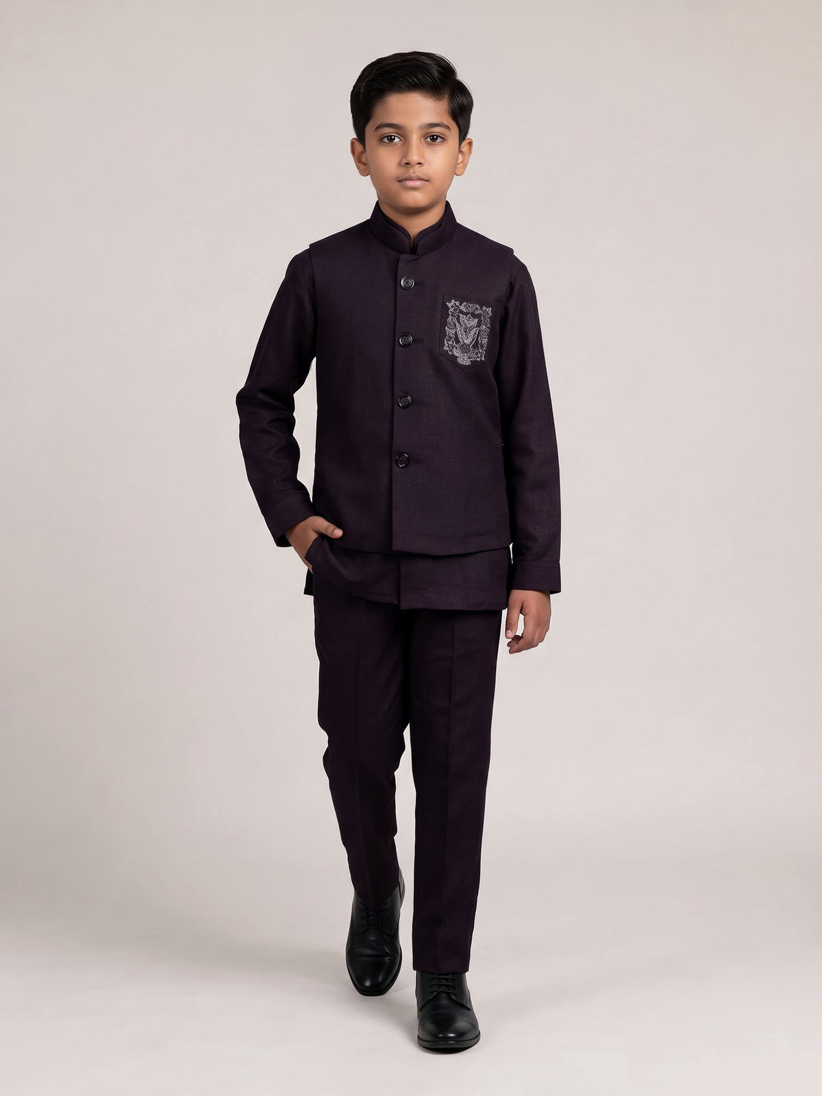 Deep wine boys waistcoat set with embellished chest pocket detailing
