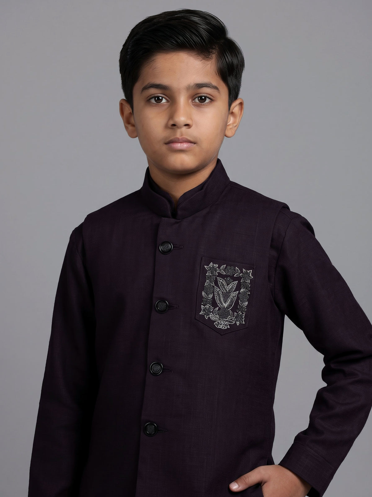 Deep wine boys waistcoat set with embellished chest pocket detailing