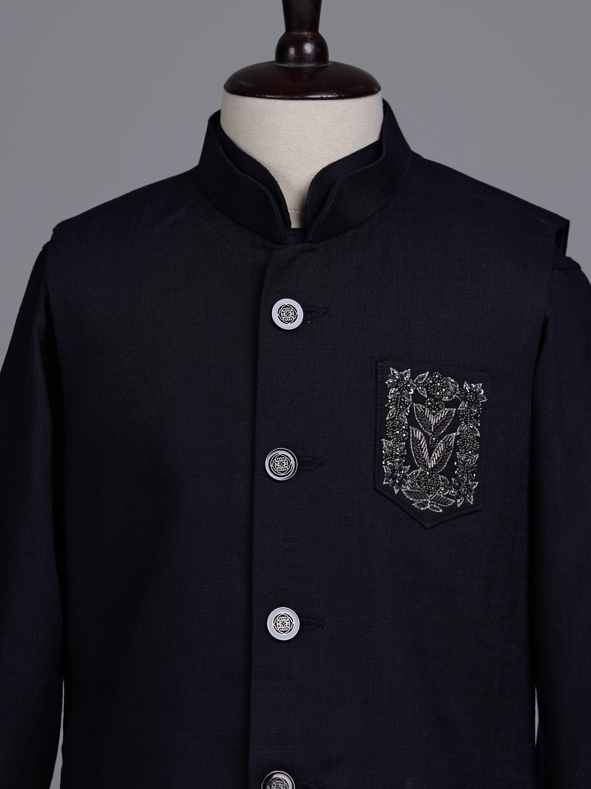 Black boys waistcoat set with embellished chest pocket detailing