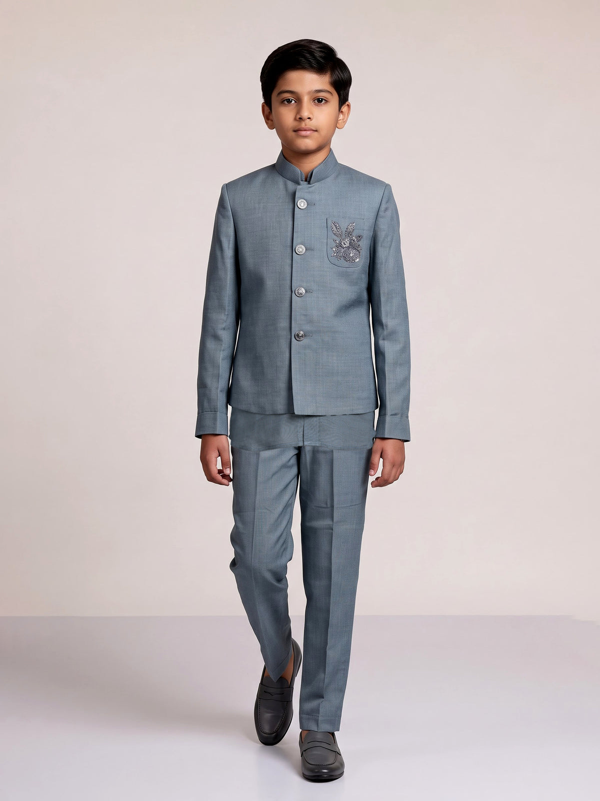 Stone grey boys waistcoat set with zardosi chest pocket accents