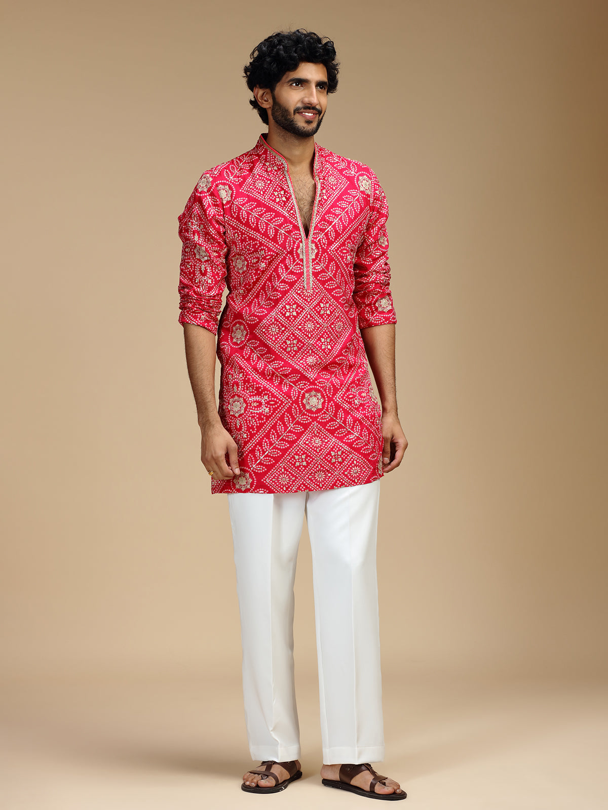 Magenta pink art silk mens kurta suit with floral medallions