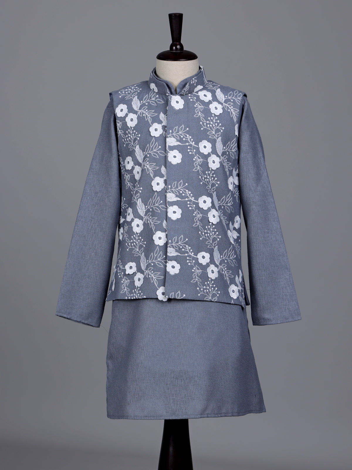 Stone grey boys waistcoat set with floral white threadwork