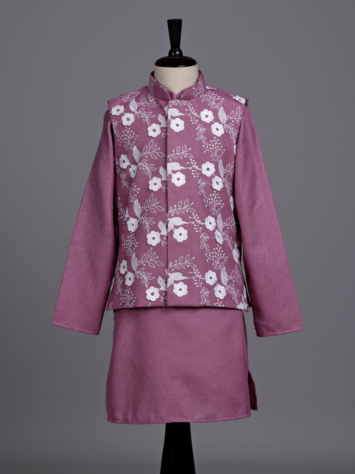 Pink boys waistcoat set with floral white thread detailing