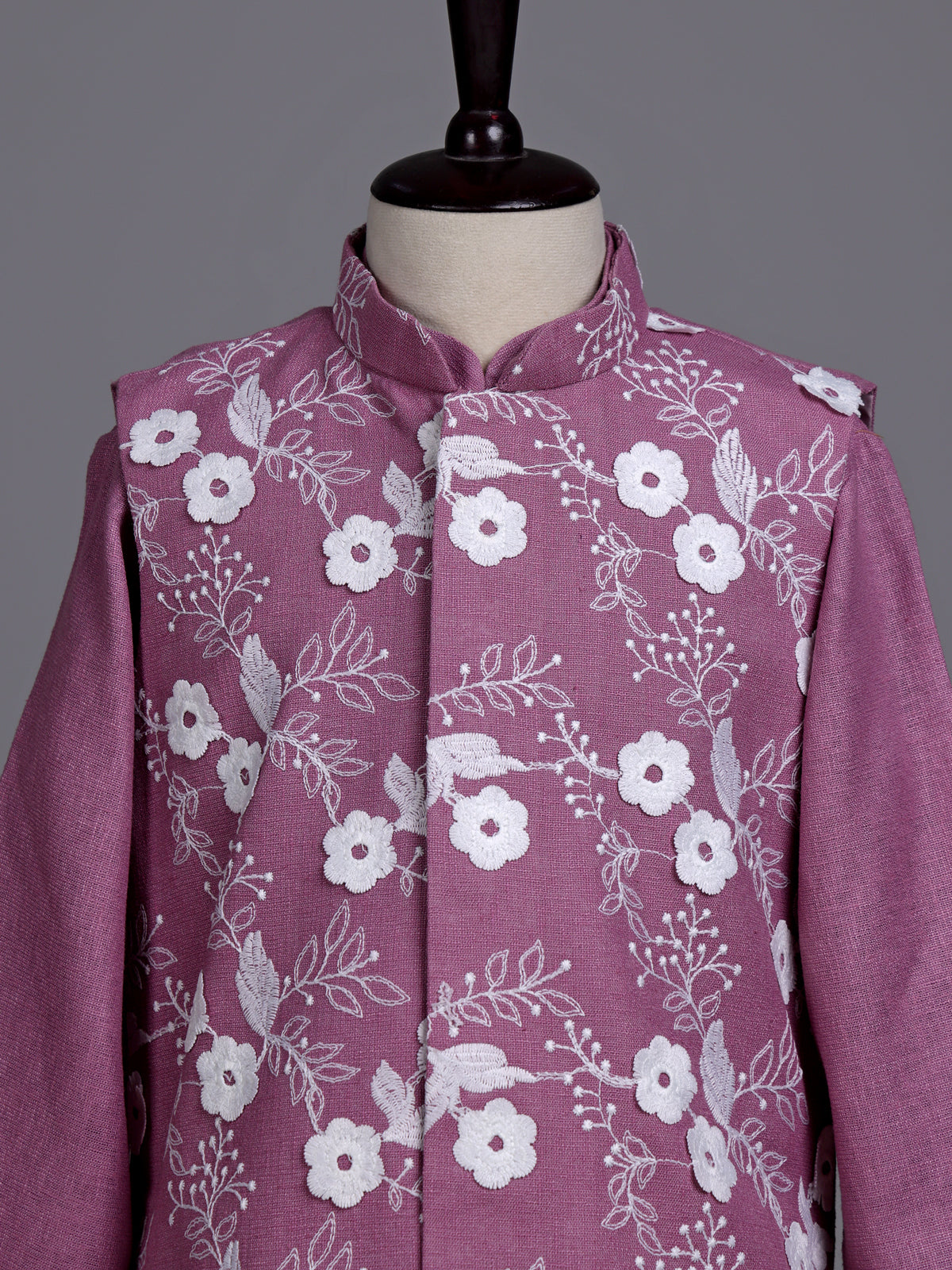 Pink boys waistcoat set with floral white thread detailing