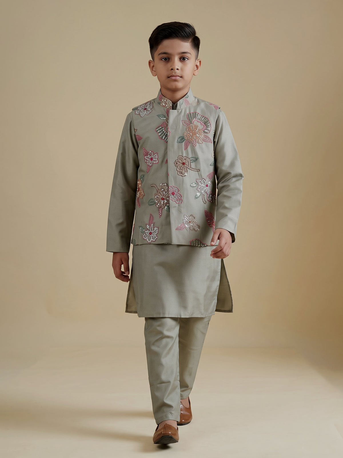 Grey boys waistcoat set with sequins and beaded detailing