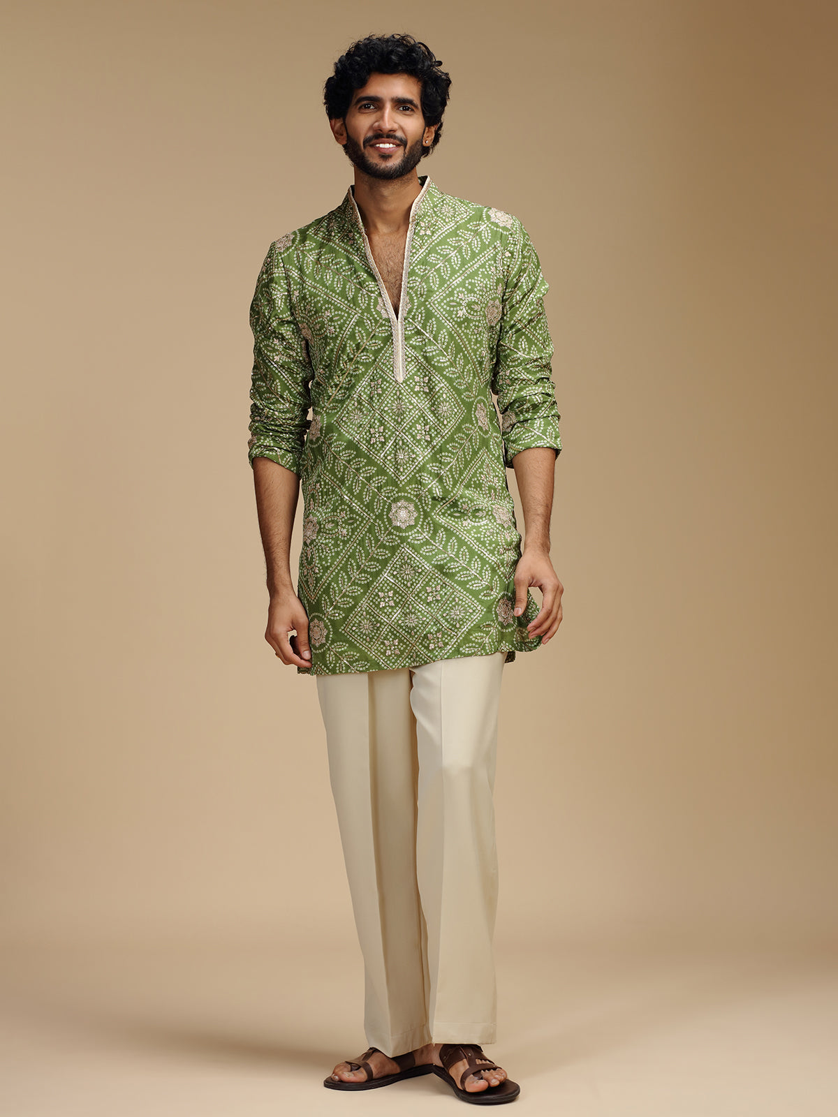 Green art silk mens kurta suit with floral medallions
