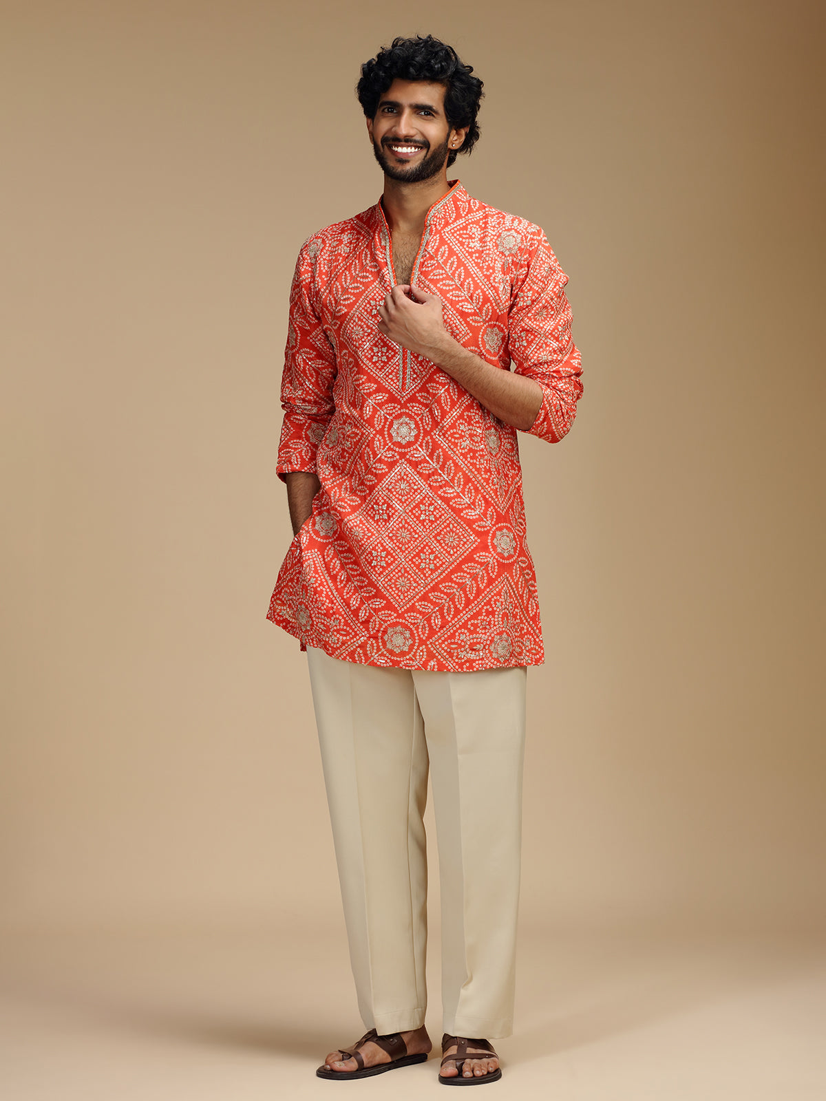 Orange art silk mens kurta suit with bandhani design