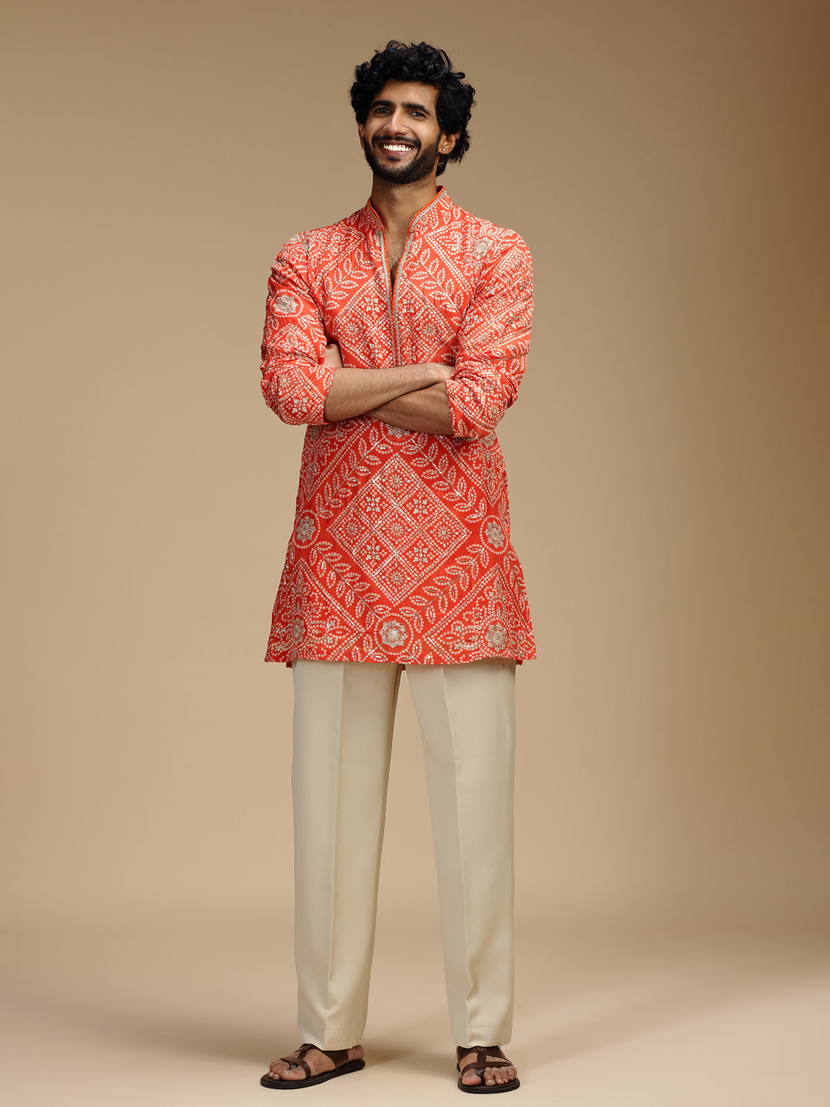 Orange art silk mens kurta suit with bandhani design