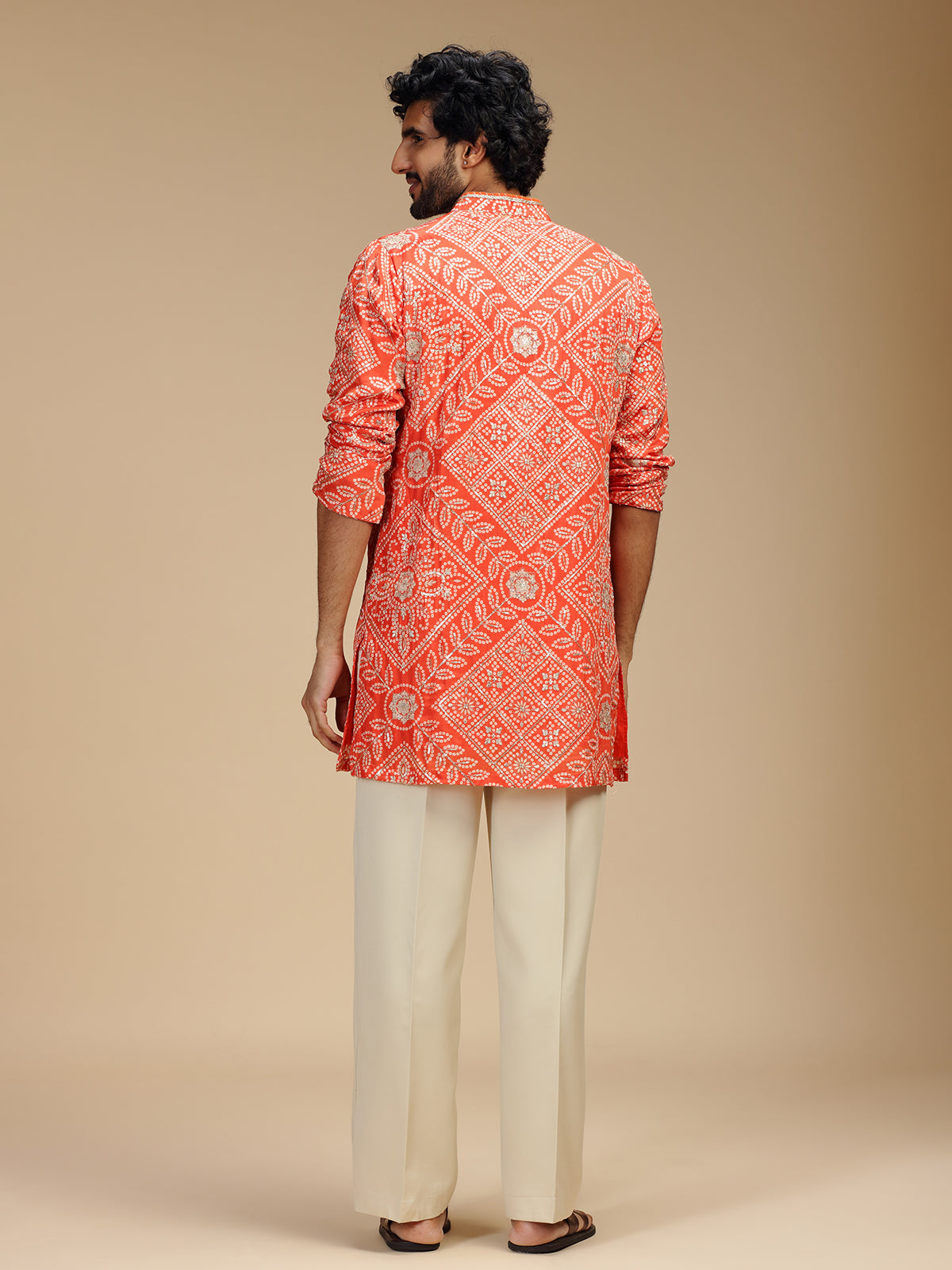 Orange art silk mens kurta suit with bandhani design