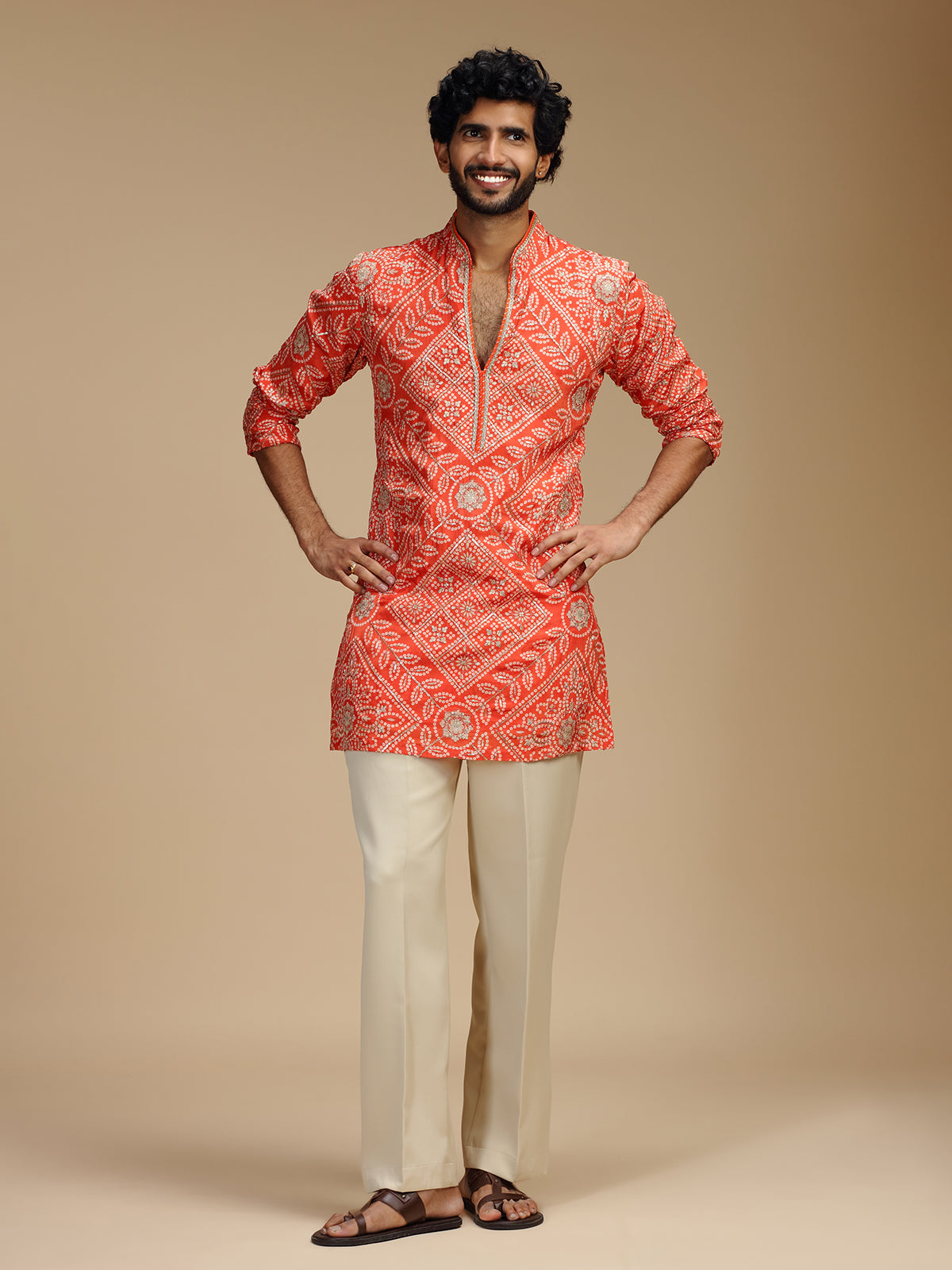Orange art silk mens kurta suit with bandhani design