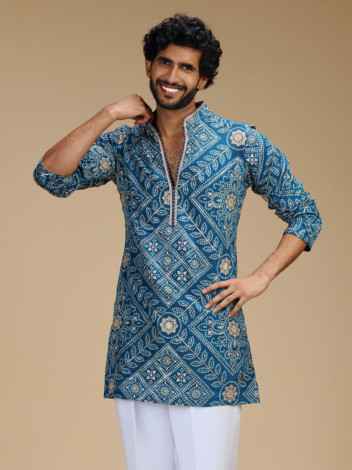 Blue art silk mens kurta suit with floral bandhani print