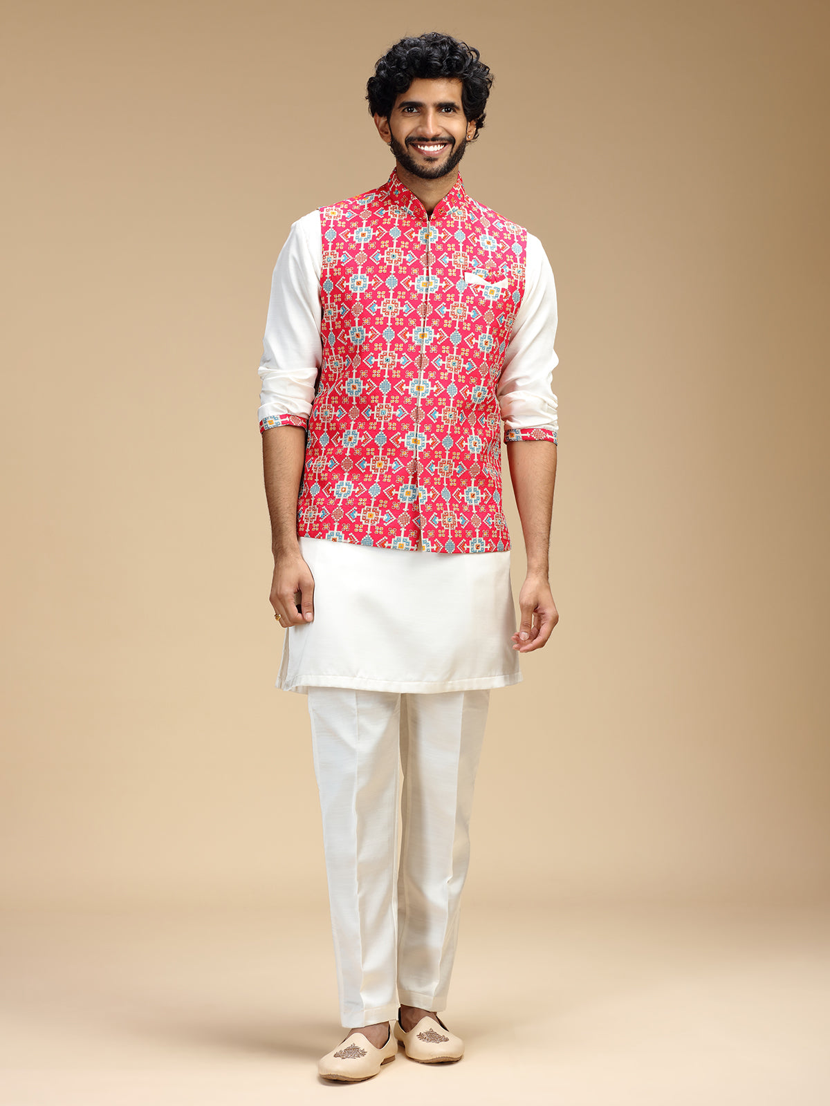 Pink and white polyester silk mens waistcoat set