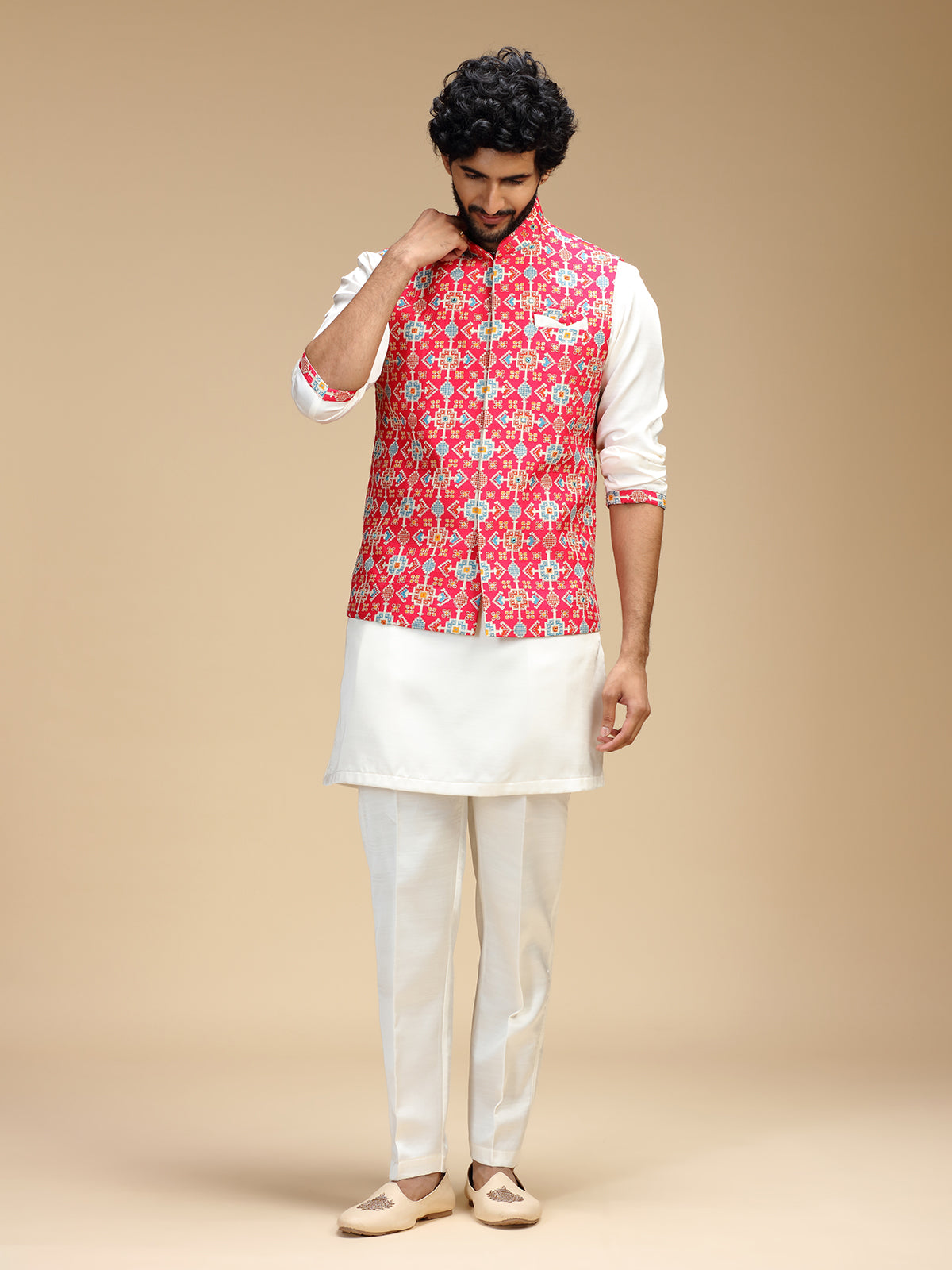 Pink and white polyester silk mens waistcoat set