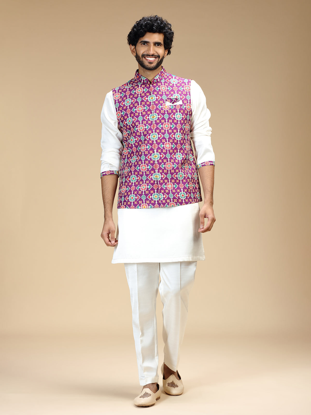 Purple and white polyester silk mens nehru jacket set