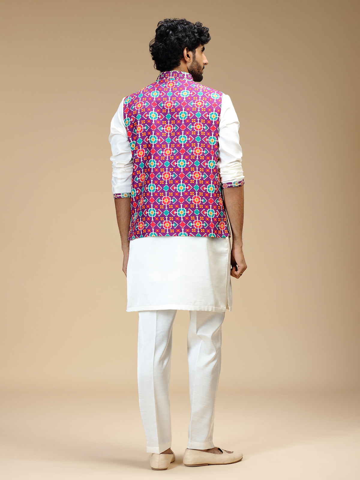 Purple and white polyester silk mens nehru jacket set