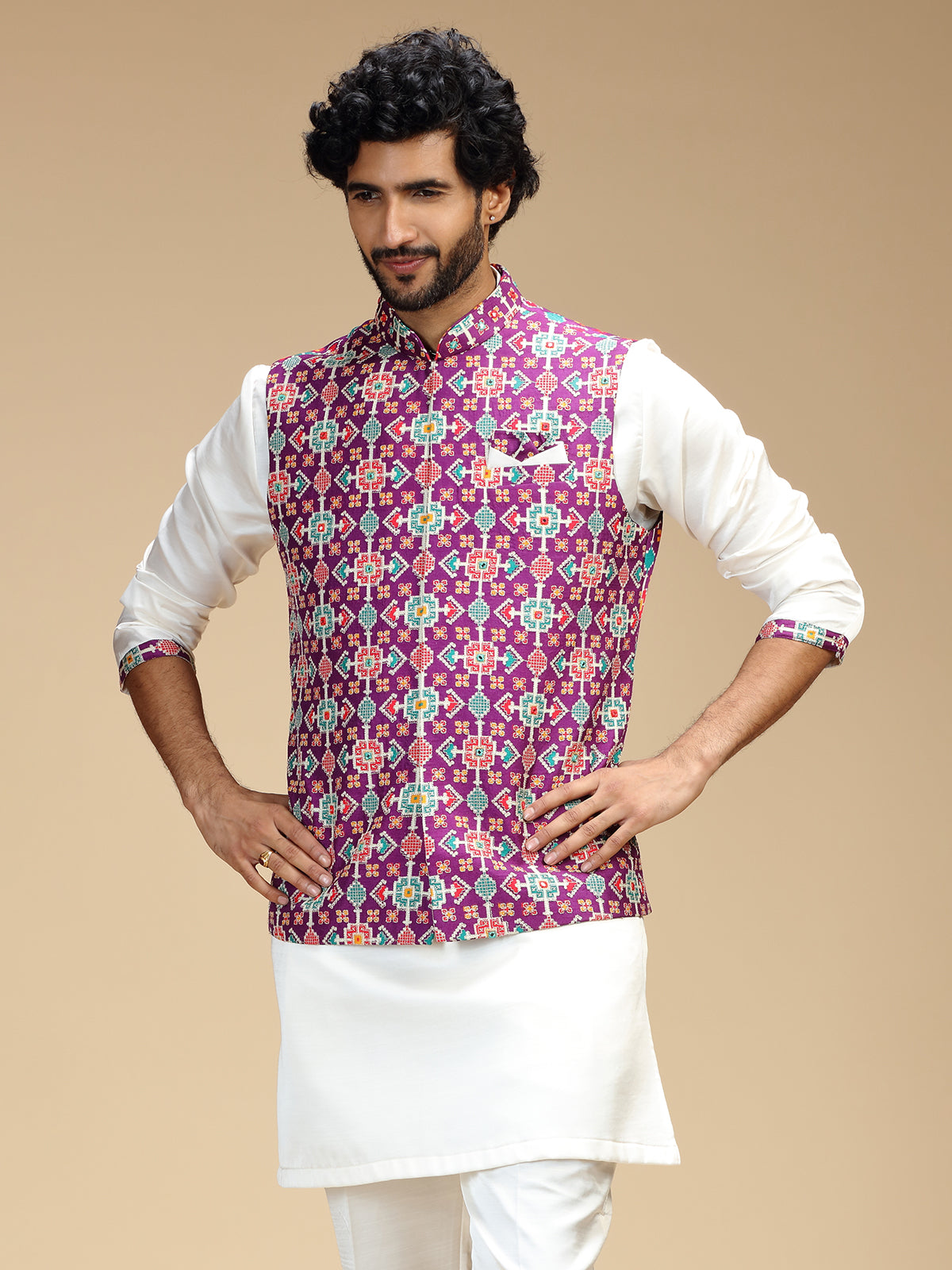 Purple and white polyester silk mens nehru jacket set