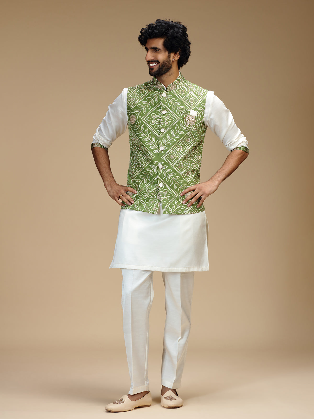 Green and white cotton silk mens waistcoat set