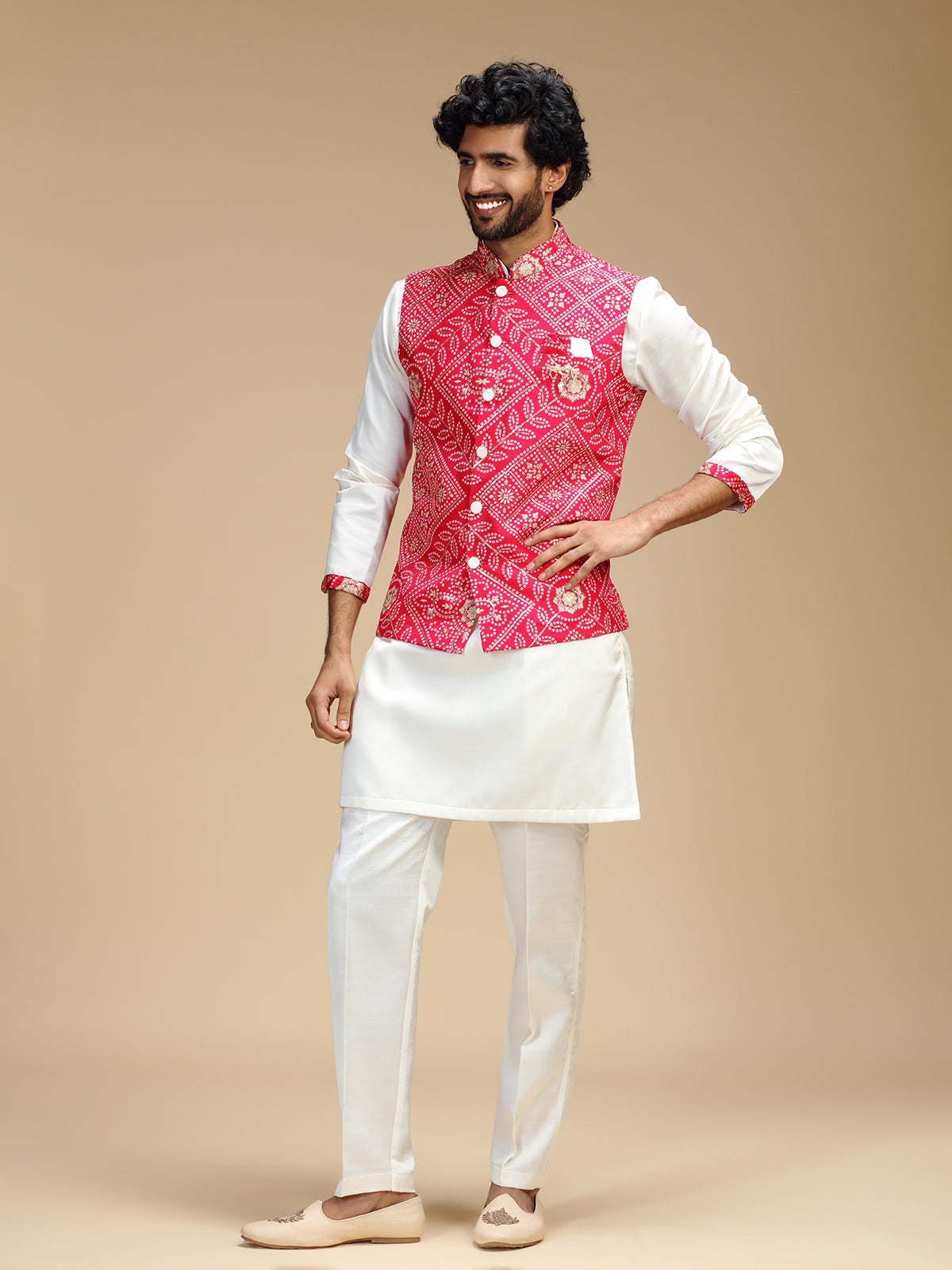Magenta and white cotton silk mens nehru jacket set