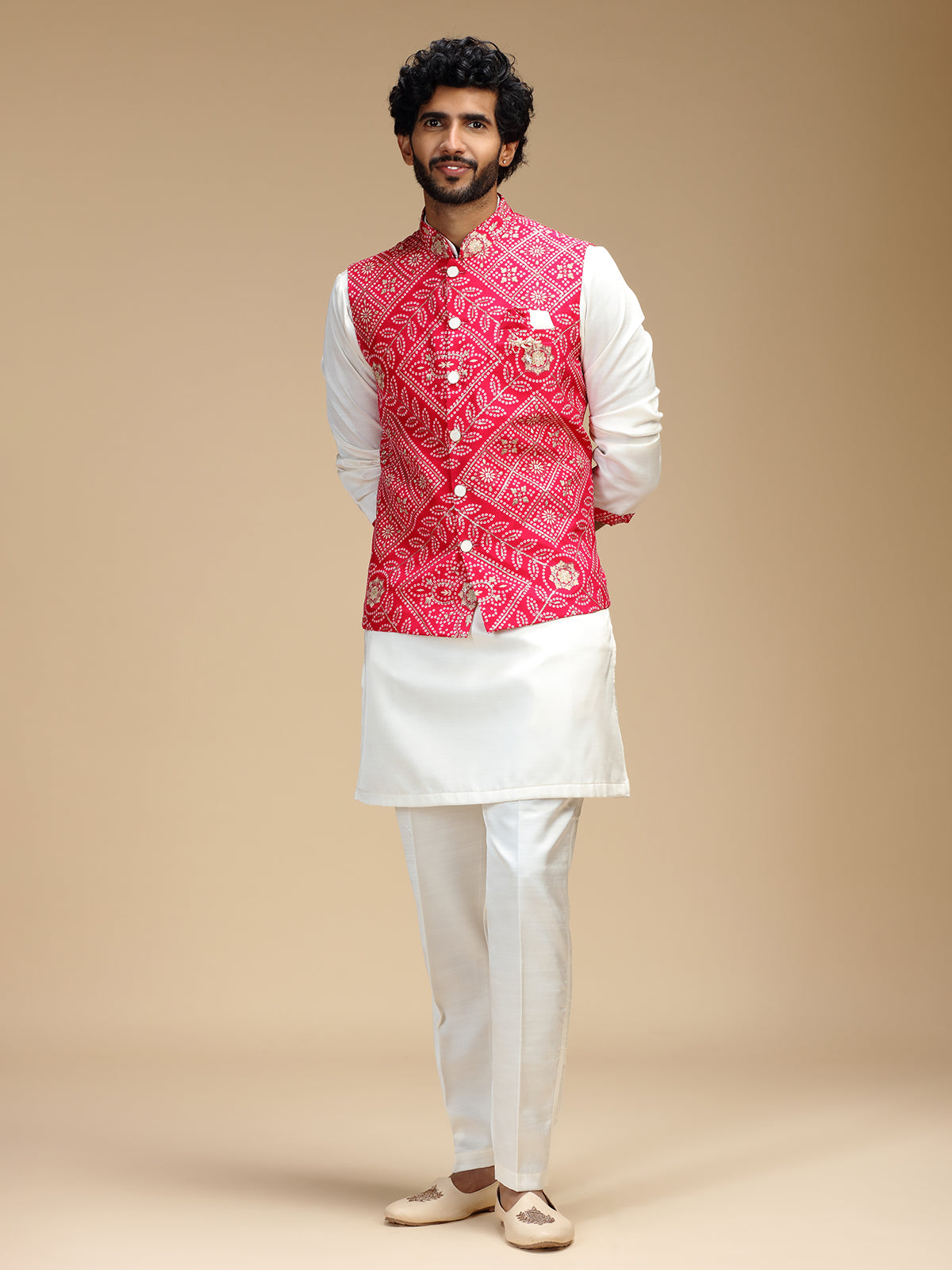 Magenta and white cotton silk mens nehru jacket set