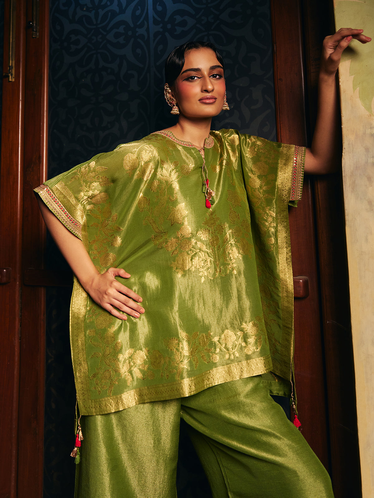 Olive green womens designer kaftan style palazzo suit