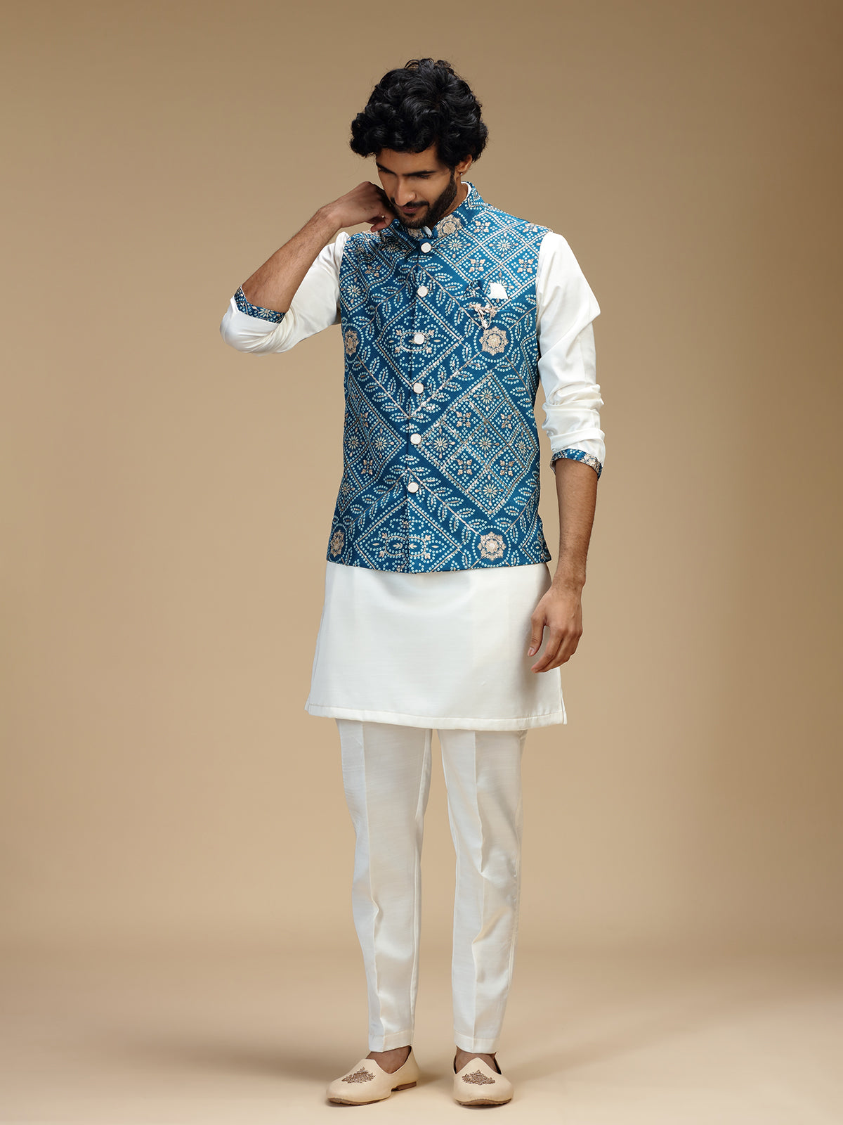 White and blue cotton silk mens waistcoat set
