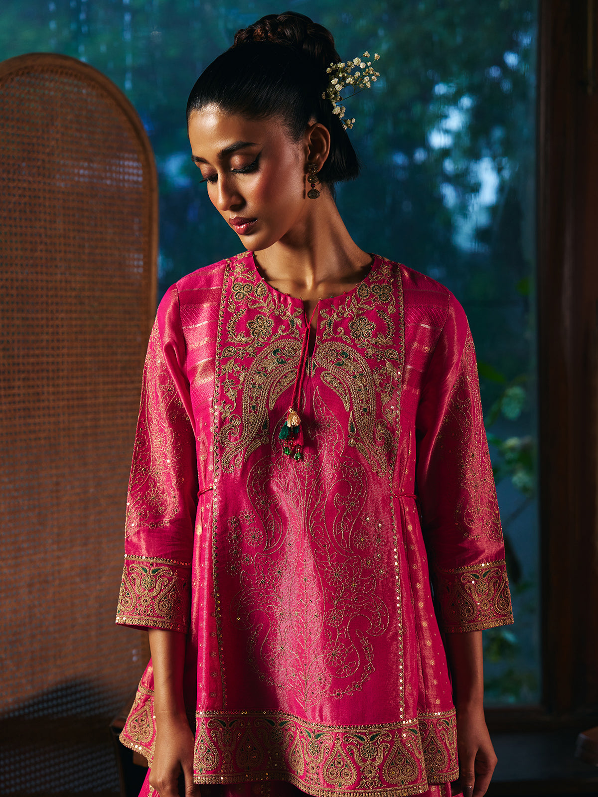Magenta pink womens sharara suit with Mughal embroidery