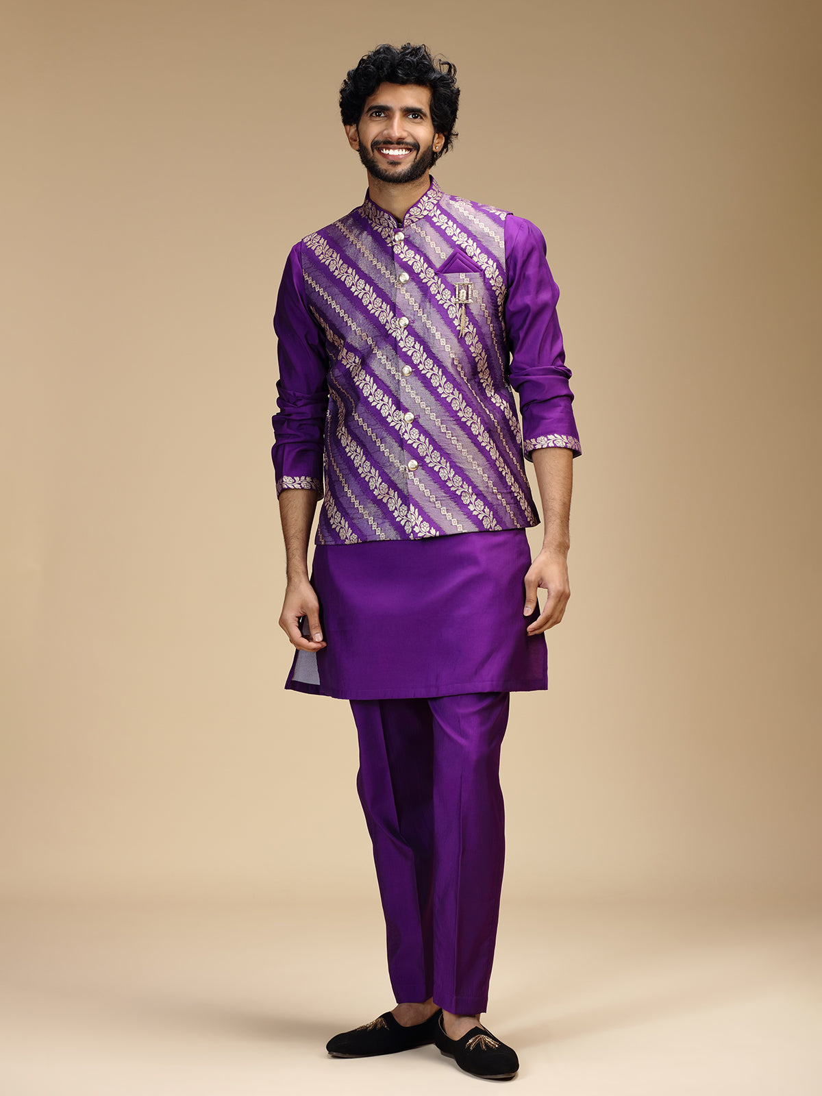 Purple banarasi brocade silk mens waistcoat set