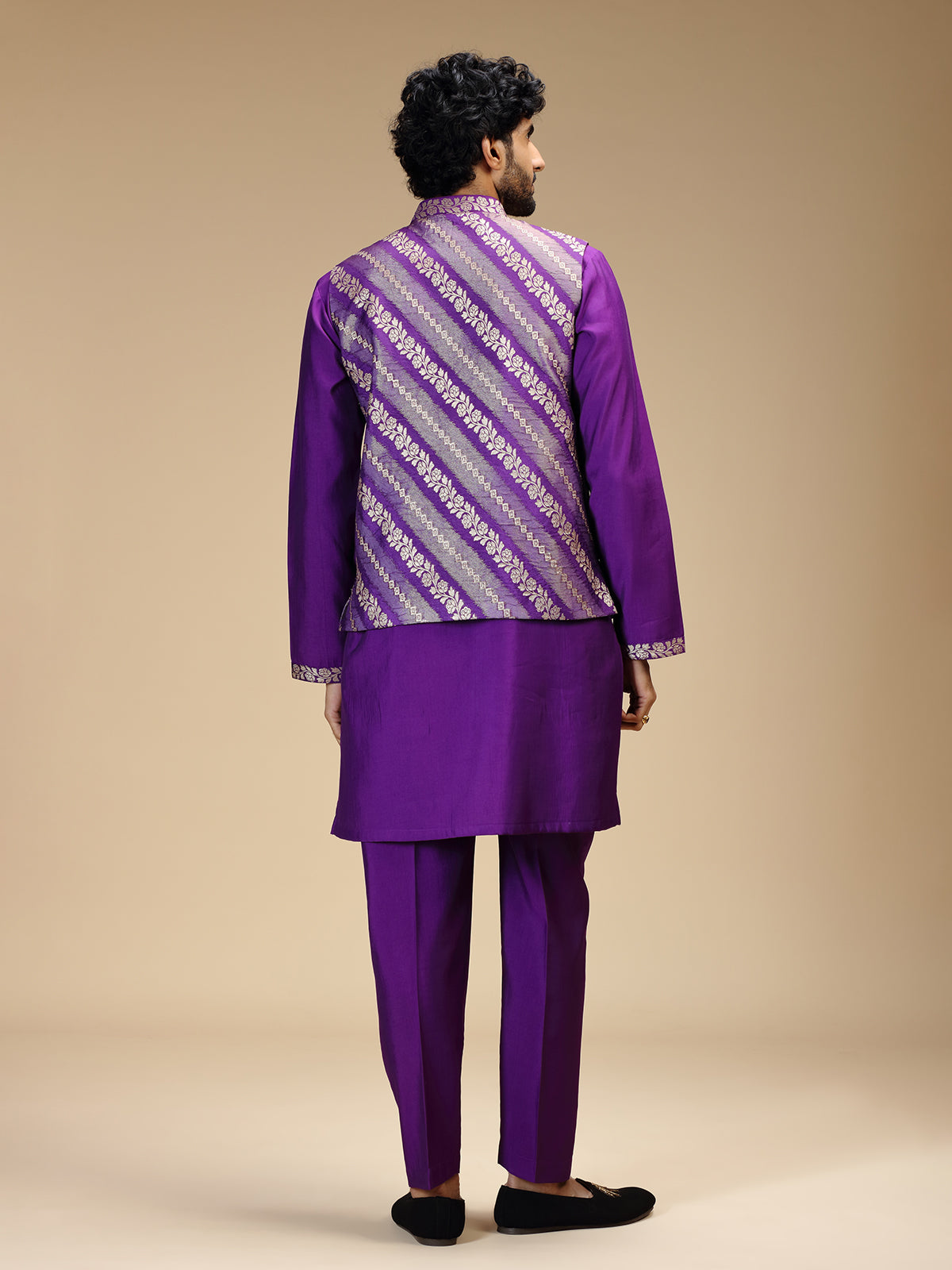 Purple banarasi brocade silk mens waistcoat set