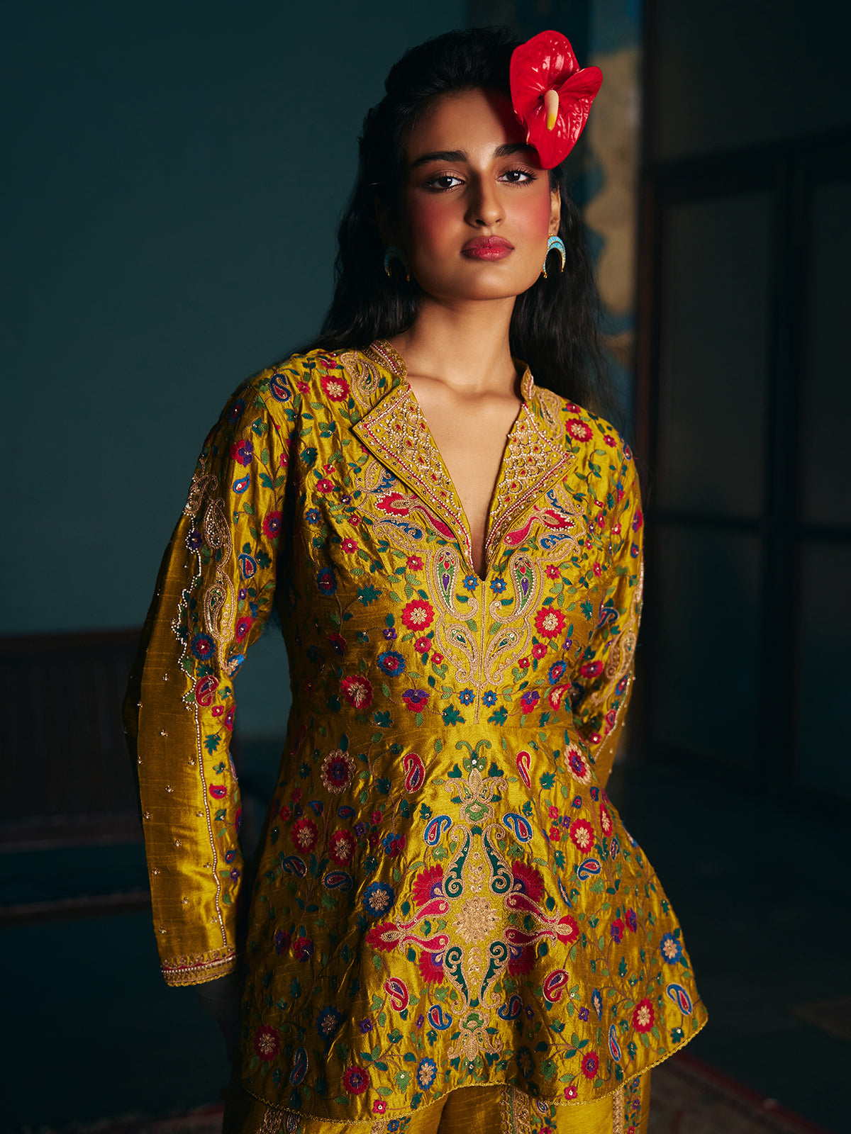 Mustard yellow womens angrakha suit with floor length sharara