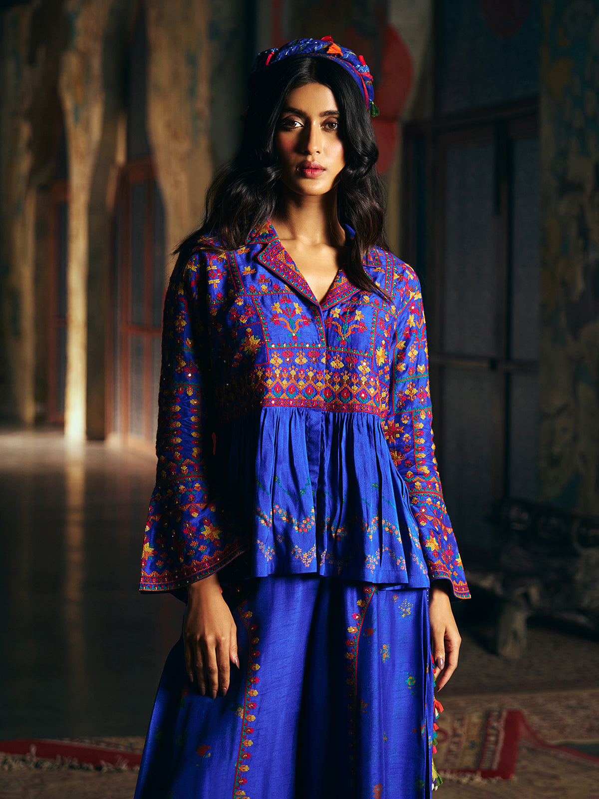 Navy blue womens designer sharara suit with folk embroidery