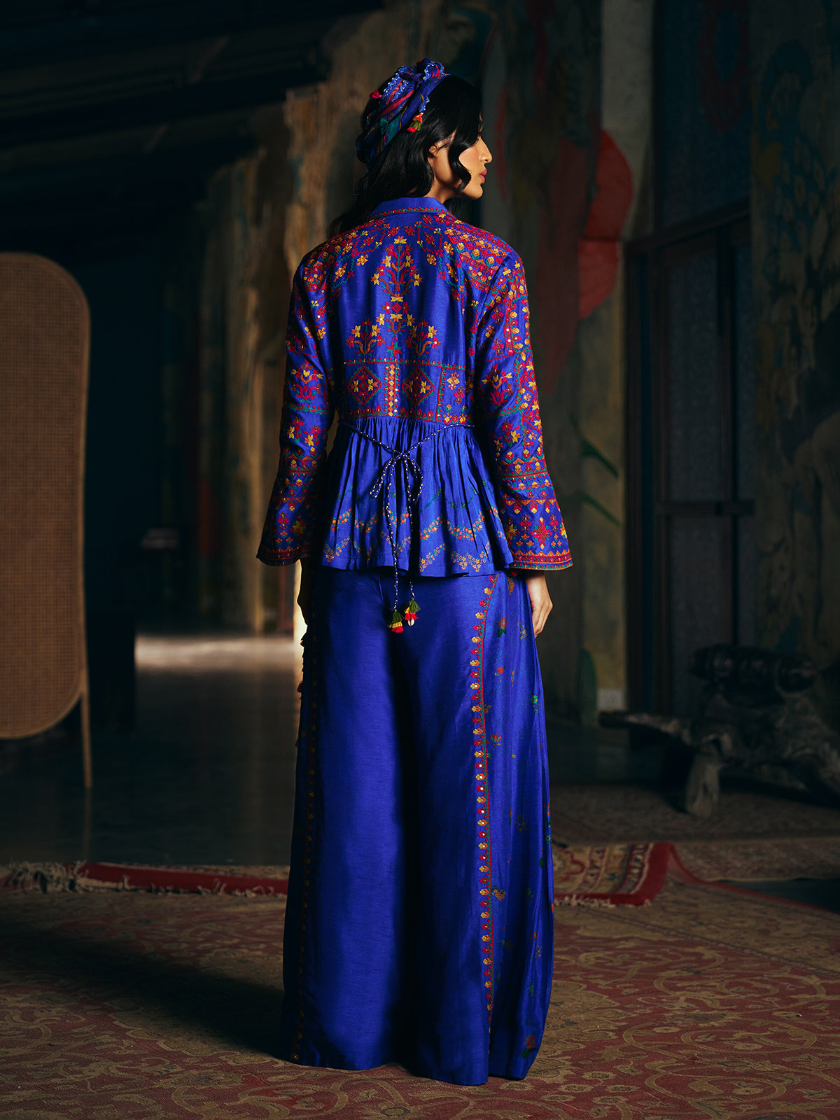 Navy blue womens designer sharara suit with folk embroidery