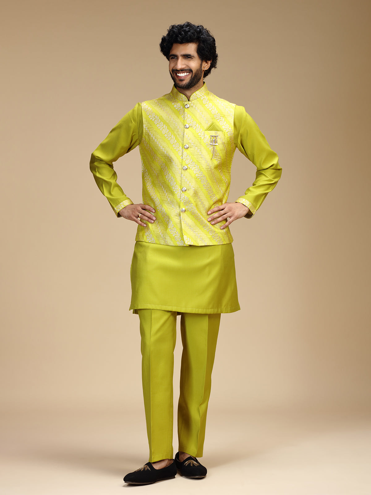 Lime green banarasi brocade silk mens nehru jacket set