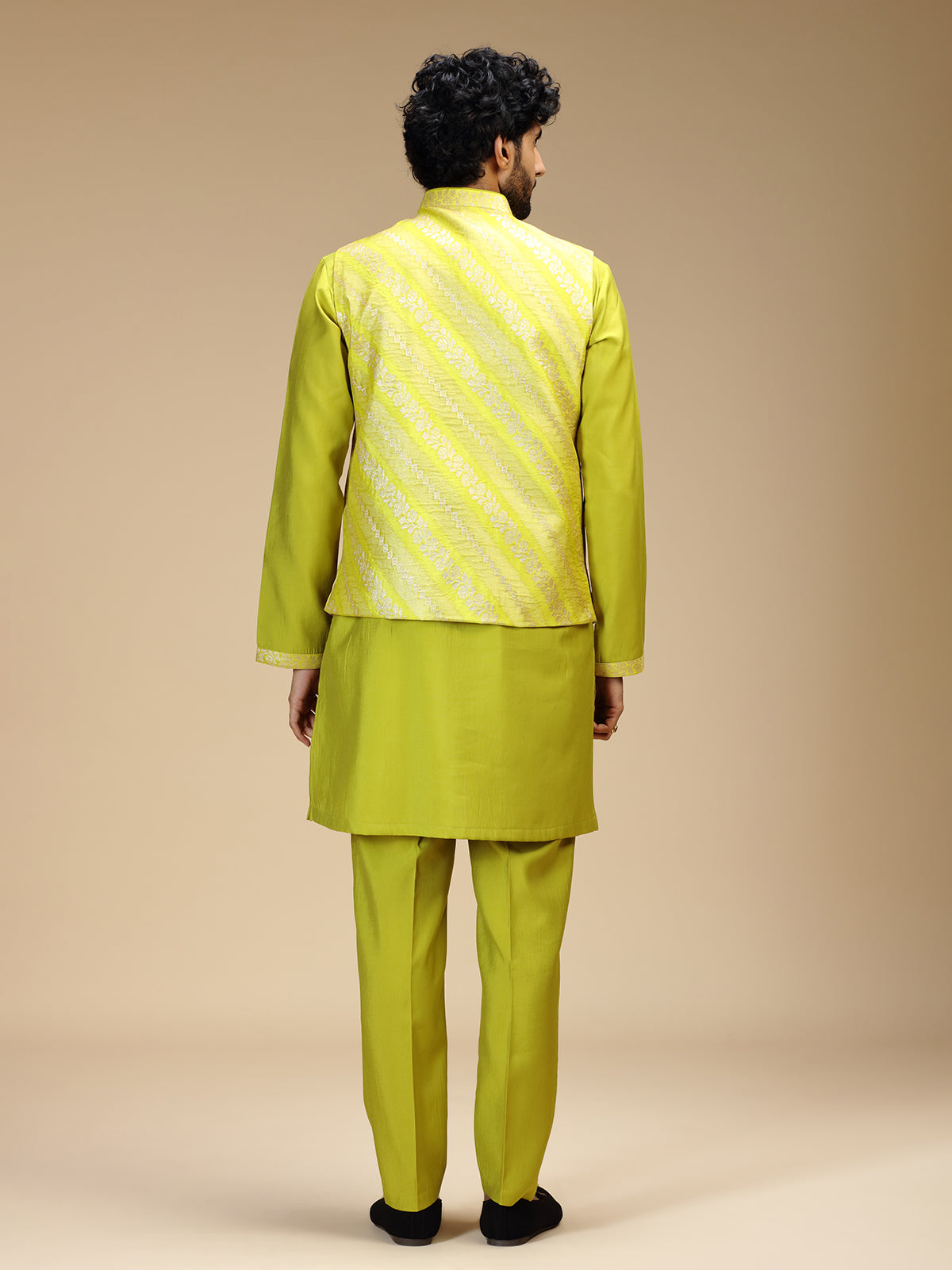 Lime green banarasi brocade silk mens nehru jacket set