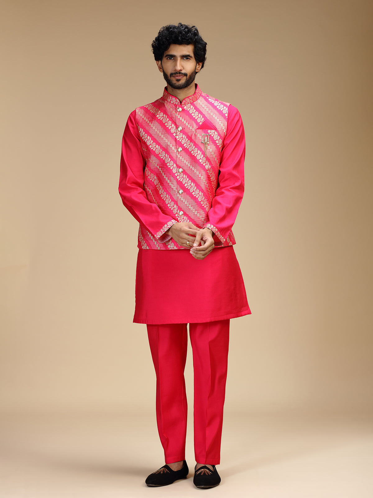 Hot pink banarasi brocade silk mens waistcoat set