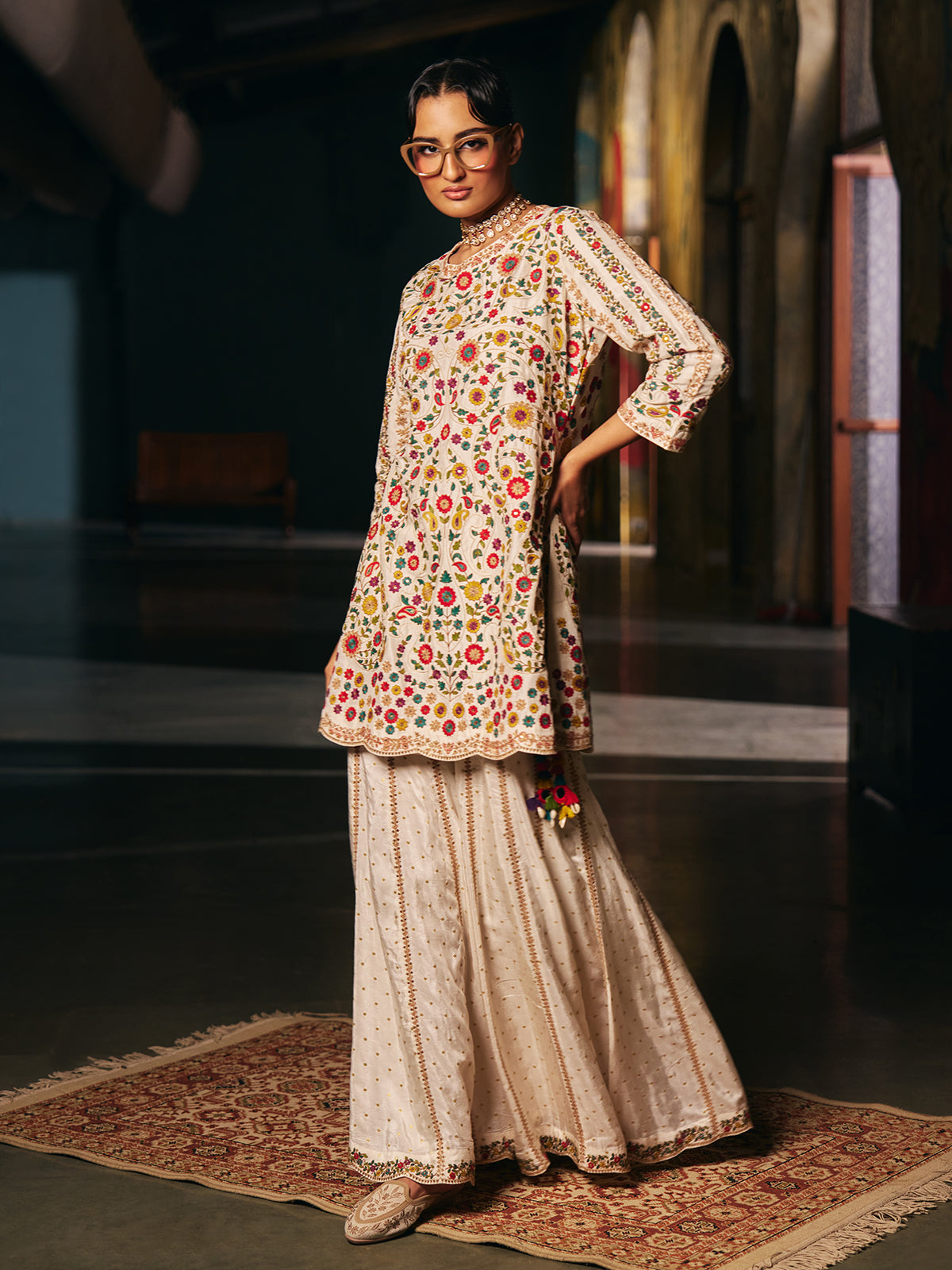 Cream silk womens sharara suit with botanical embroidery
