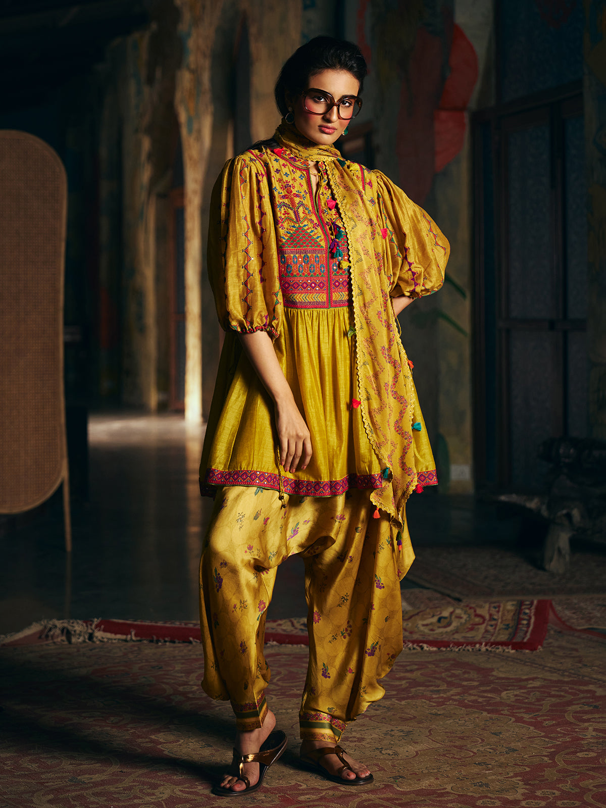 Mustard yellow womens dhoti suit