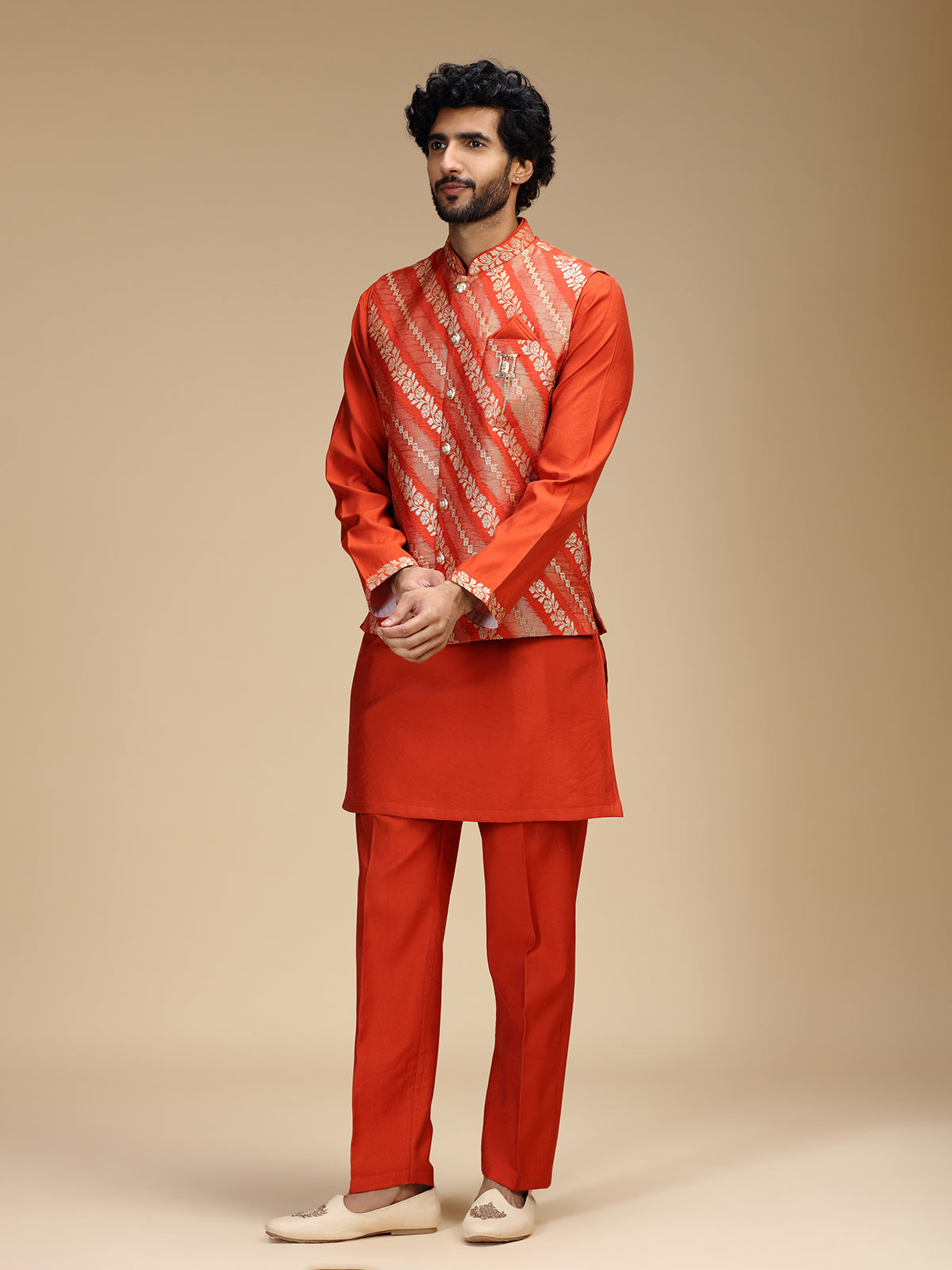 Rust orange banarasi brocade silk mens nehru jacket set